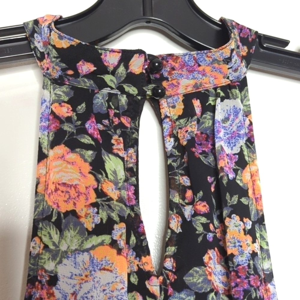 My Story Sleeveless Lined Dark Floral Halter Mini Dress Keyhole Front Back L - Picture 9 of 13